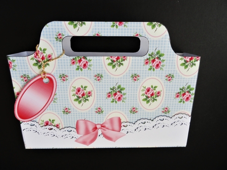 Pretty vintage blue gingham pink roses with lace border tote gift bag by Valerie Spowart