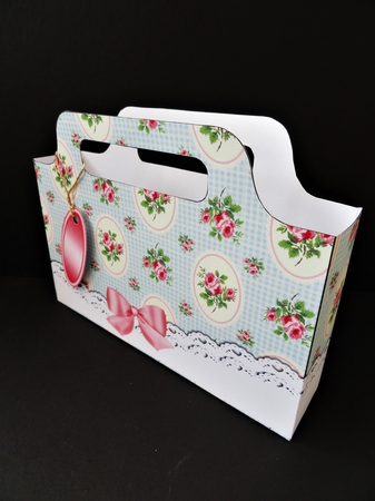 Pretty vintage blue gingham pink roses with lace border tote gift bag by Valerie Spowart