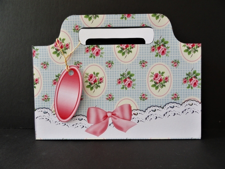 Pretty vintage blue gingham pink roses with lace border tote gift bag by Valerie Spowart
