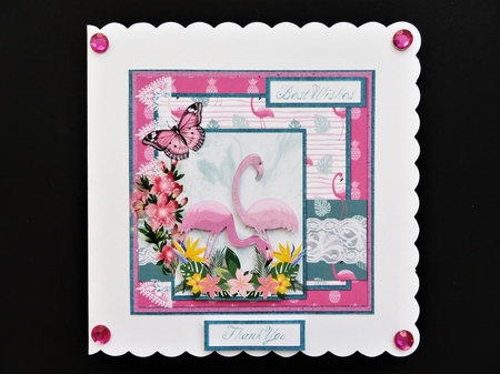 6 x 6 Card Front Pink Flamingoes, Toppers and Sentiments  Cerise/Green by Valerie Spowart