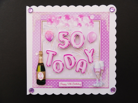 Happy 50th Birthday Pink Balloons 7x7ins Decoupage Topper by Valerie Spowart
