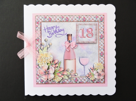 300dpi 6 x 6 in topper & decoupage - Birthday 18/21/30 bottle with pink bow, glass and flowers, pink          by Valerie Spowart