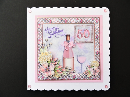 300dpi 6 x 6 in topper & decoupage - Birthday 40th, 50th, 60th, bottle with pink bow, glass and flowers, pink          by Valerie Spowart