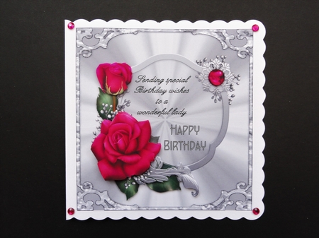 Red Roses Birthday - 6x6 inch card front with decoupage by Valerie Spowart