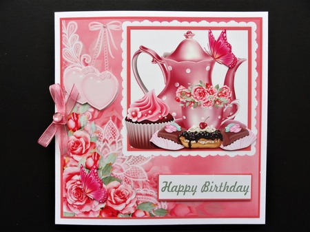 Pink floral tea and butterfly card front by Valerie Spowart