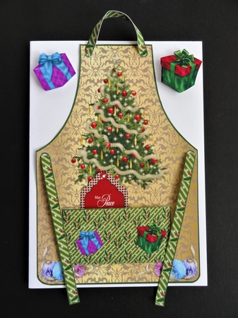 Christmas tree and presents apron card front by Valerie Spowart
