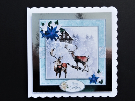 Christmas Scenes 27: Snowy Winter Cabin/Deer 6 x 6 Card Front with Topper and Sentiments by Valerie Spowart