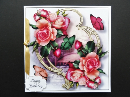 Blooms & Butterflies On Golden Frame - Peach & Melba Roses by Valerie Spowart