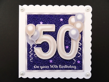 50th birthday card front with large numerals and balloons by Valerie Spowart