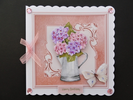 Jug of Hydrangeas and butterfly 7x7 by Valerie Spowart
