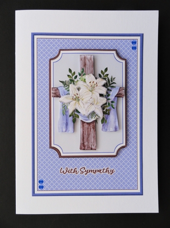 A5 Blue Sympathy Cross Card Front with Decoupage  by Valerie Spowart