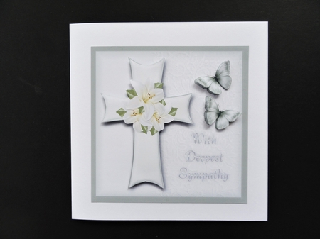 Sympathy Card Lilies on Cross with Butterflies with Insert 6 x 6 by Valerie Spowart
