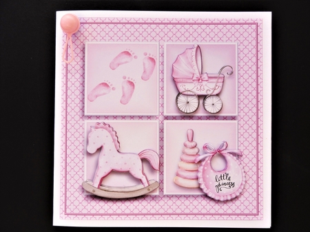8x8 Pink Baby Accessories Card Front, Decoupage & Sentiments by Valerie Spowart