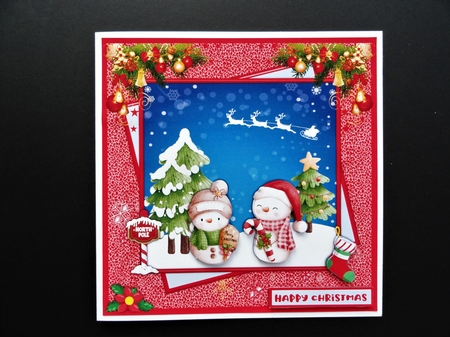 Square Christmas greeting card with snowmen by Valerie Spowart