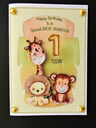 Jungle Themed Great Grandson Birthday Card - 1st Birthday by Valerie Spowart