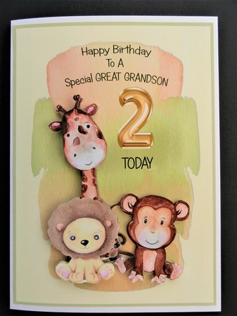 Jungle Themed Great Grandson Birthday Card - 2nd Birthday by Valerie Spowart