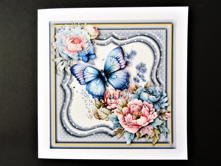 Blue Butterfly and Peonies #2 7x7 Topper by Valerie Spowart
