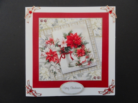 Christmas Greetings 44: Poinsettias Mason Jar & Teacup 6 x 6 Card Front with Topper, Decoupage & Sentiments by Valerie Spowart