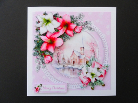 7x7 Pink Christmas church with amaryllis choice of two mini kit  by Valerie Spowart