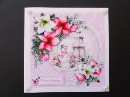 7x7 Pink Christmas snowman with amaryllis choice of two mini kit  by Valerie Spowart