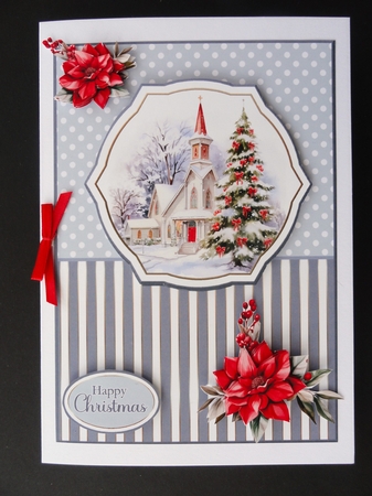 A5 Winter Church Scene 8 Card Front, Topper and Floral Decoupage  by Valerie Spowart