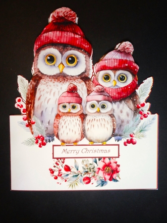 Owl family  shaped card , sentiment tiles, decoupage and preview by Valerie Spowart