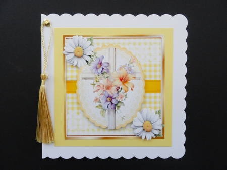 Lovely Easter Cross in Yellow Gingham, Lace And Daisies 8x8 (Three) by Valerie Spowart