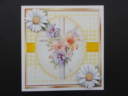 Lovely Easter Cross in Yellow Gingham, Lace And Daisies 8x8 (Three) by Valerie Spowart