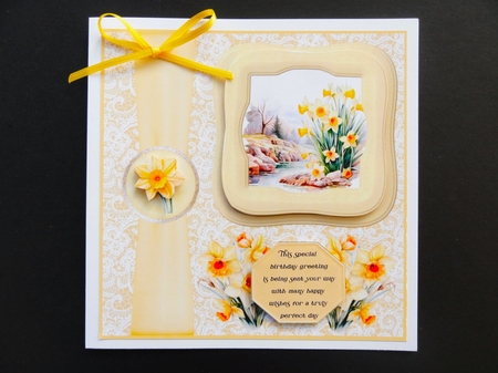 Framed daffodil scene card front 4 by Valerie Spowart