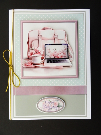 A5 Luscious Laptop 2 Card Front, Topper and sentiments with single layer decoupage by Valerie Spowart