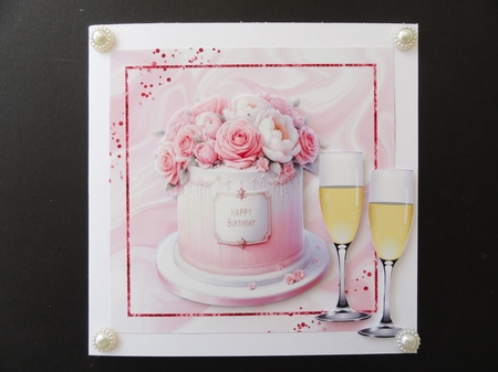 Pretty Pink Birthday Cake With Roses & Wine 7x7 (Four) by Valerie Spowart