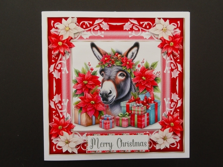 Poinsettia Christmas donkey card front 2 by Valerie Spowart