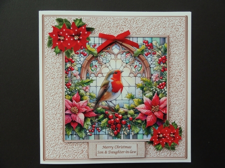 8 x 8 gold framed robin in a stained glass window quick card front. by Valerie Spowart