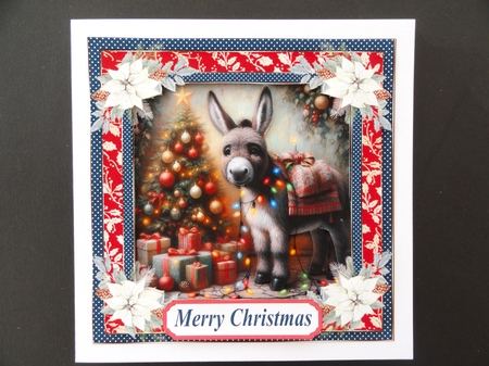 Holly and poinsettia framed Christmas donkey card front 3 by Valerie Spowart