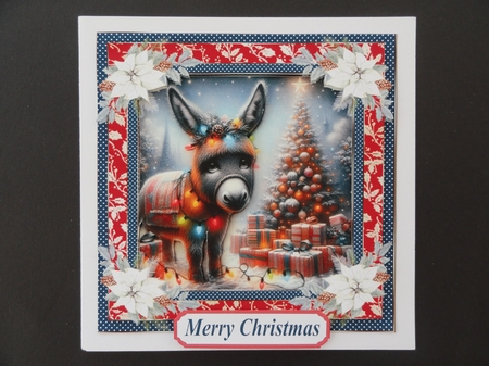 Holly and poinsettia framed Christmas donkey card front 4 by Valerie Spowart