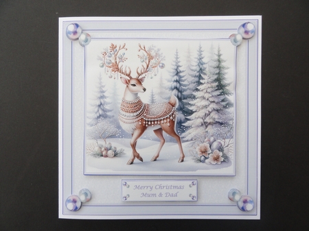 8 x 8 bejeweled reindeer quick card front. by Valerie Spowart