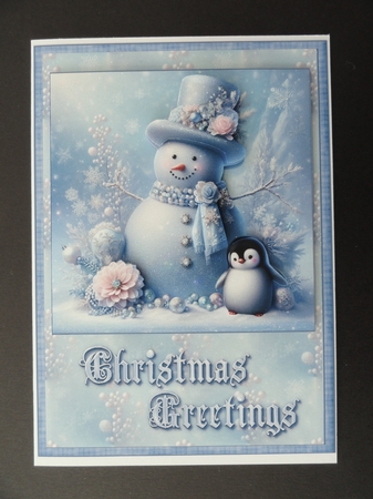Glittery Snowman and Penguin A5 Card Front and Decoupage by Valerie Spowart