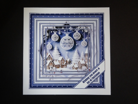 7 x 7 faux layered Christmas paper cut village quick card front. by Valerie Spowart