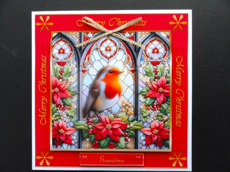 8 x 8 robin stained glass window quick card front (Red). by Valerie Spowart