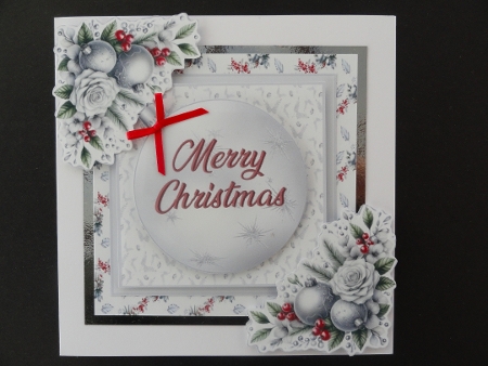 4 x Christmas Silver Baubles cards with main card base, decoupage and 4 toppers JPEG by Valerie Spowart