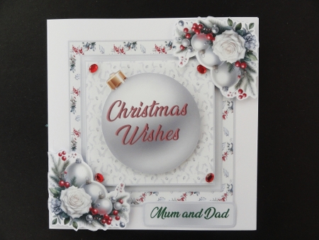 4 x Christmas Silver Baubles cards with main card base, decoupage and 4 toppers JPEG by Valerie Spowart