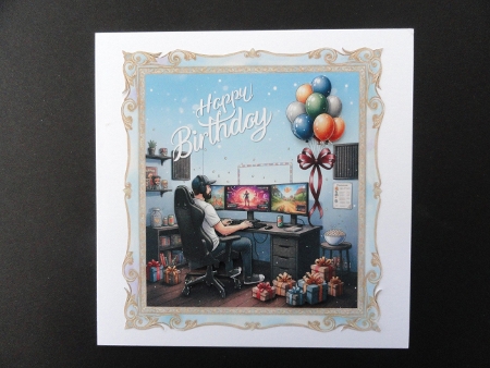 Ultimate Gamer Birthday Setup with Balloons and Triple Screen by Valerie Spowart