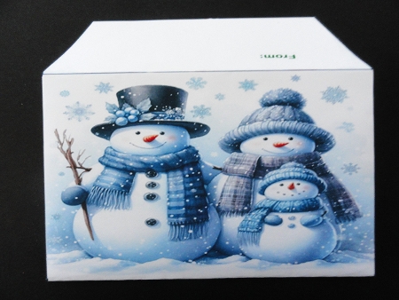 NEW STORY CARD. Smiling snowman family cuddles together as gentle snowflakes fall softly. by Valerie Spowart