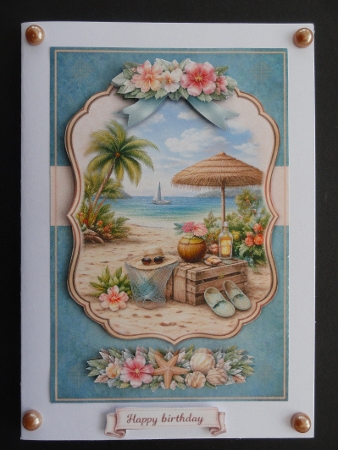 Tropical Beach Sailboat Card Topper with Palm Trees, Coconut Drink and Floral Embellishments by Valerie Spowart