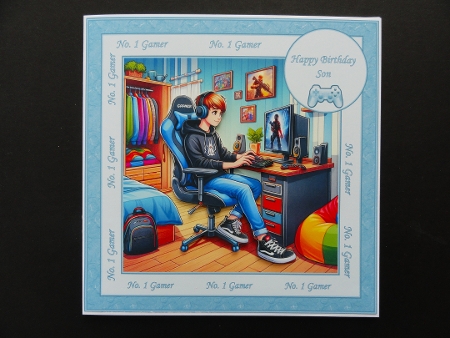 8 x 8 Gamer boy quick card front (Aqua). by Valerie Spowart