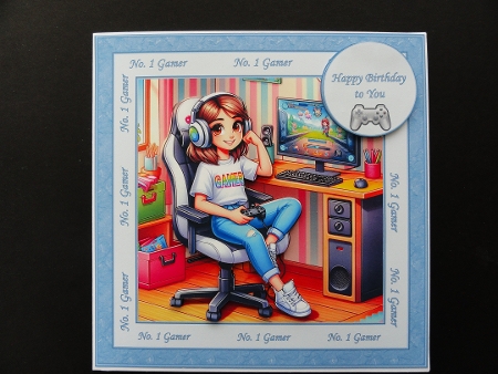 8 x 8 Gamer girl quick card front (Blue). by Valerie Spowart