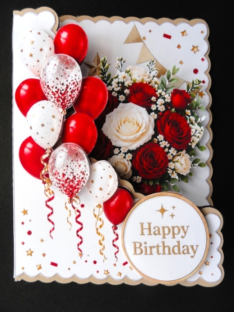 Elegant Red & Gold Birthday Roses & Balloons Topper – Luxury Floral Celebration Card Front by Valerie Spowart