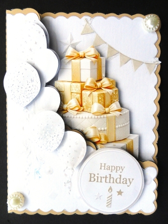 White & Gold Birthday Topper with Balloons & Gift Stack by Valerie Spowart