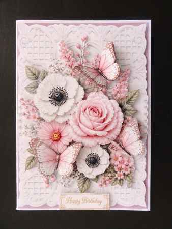 Pink Rose & Anemone Floral Butterfly Card Topper by Valerie Spowart