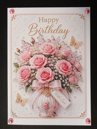 Pink Rose Vase Happy Birthday Card Topper by Valerie Spowart